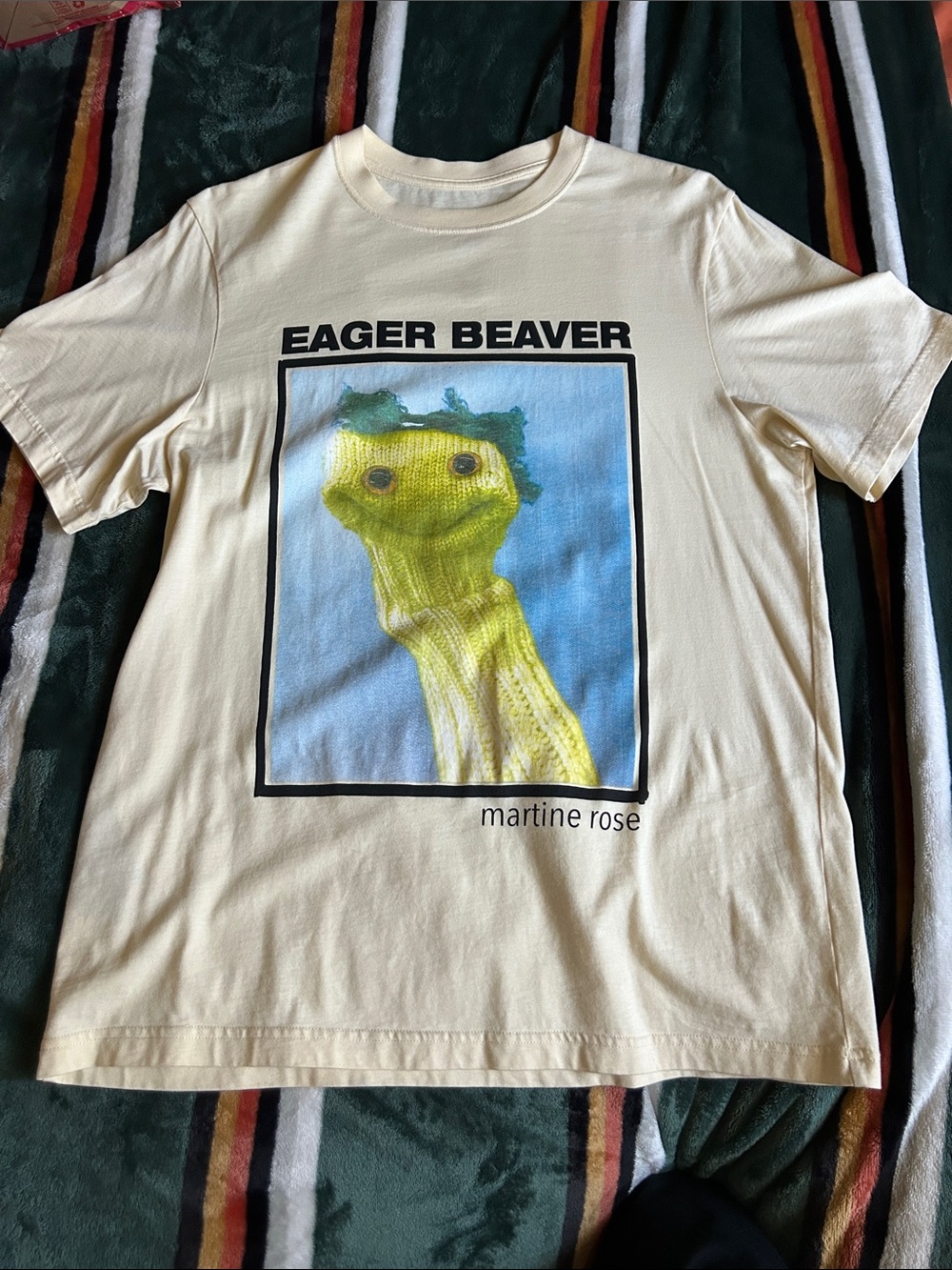 Martine Rose Cream Tee with Yellow Character and Blue Frame